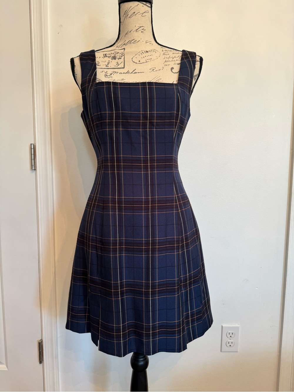 Avec Les Filles Navy Plaid Square-Neck Fit & Flare Dress